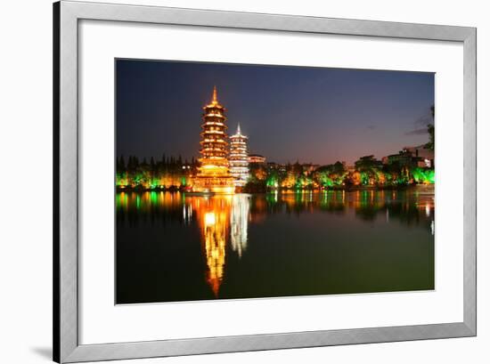 China, Guilin at Night, Double Pagoda 'Riyue Shuang Ta'-Catharina Lux-Framed Photographic Print