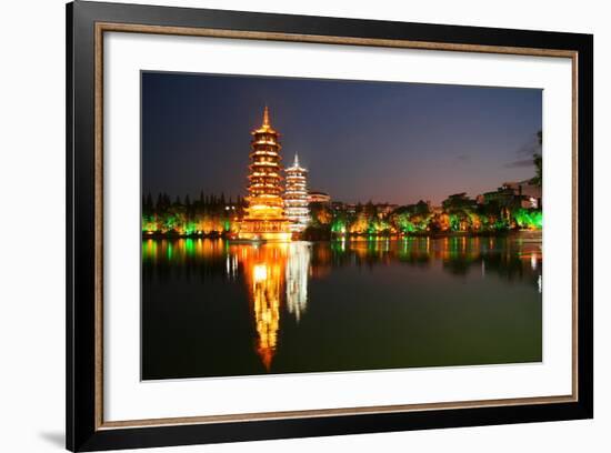 China, Guilin at Night, Double Pagoda 'Riyue Shuang Ta'-Catharina Lux-Framed Photographic Print