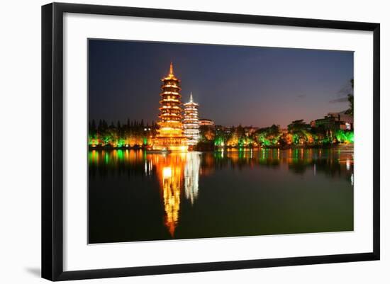 China, Guilin at Night, Double Pagoda 'Riyue Shuang Ta'-Catharina Lux-Framed Photographic Print