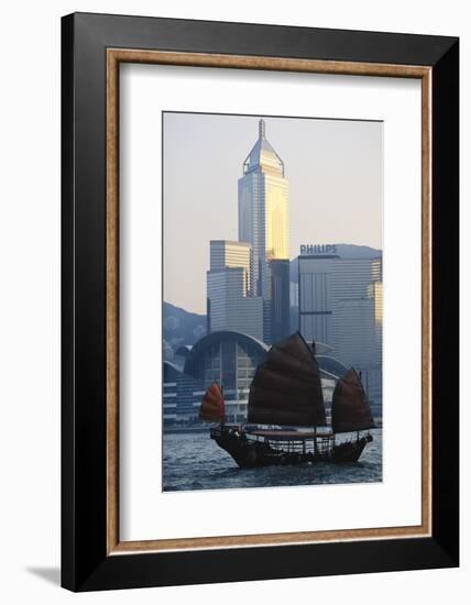 China, Hong Kong, Sailing Boat in Victoria Harbor at Sunset-Paul Souders-Framed Photographic Print