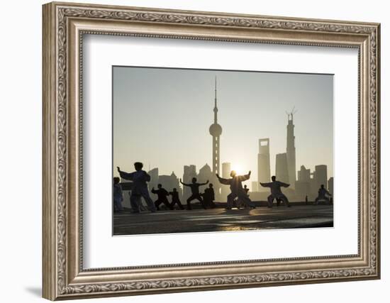 China, Shanghai, Martial Arts Group Practicing Tai Chi at Dawn-Paul Souders-Framed Photographic Print