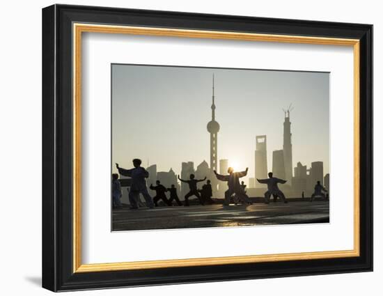 China, Shanghai, Martial Arts Group Practicing Tai Chi at Dawn-Paul Souders-Framed Photographic Print