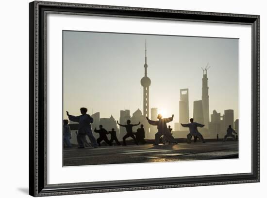 China, Shanghai, Martial Arts Group Practicing Tai Chi at Dawn-Paul Souders-Framed Photographic Print