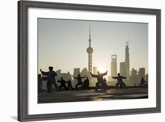 China, Shanghai, Martial Arts Group Practicing Tai Chi at Dawn-Paul Souders-Framed Photographic Print