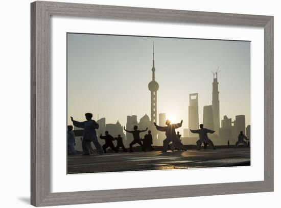 China, Shanghai, Martial Arts Group Practicing Tai Chi at Dawn-Paul Souders-Framed Photographic Print