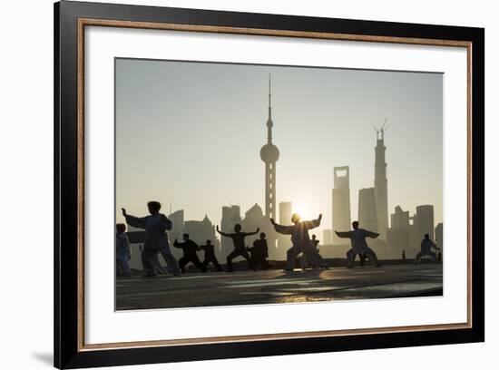 China, Shanghai, Martial Arts Group Practicing Tai Chi at Dawn-Paul Souders-Framed Photographic Print