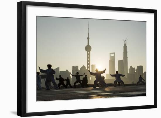 China, Shanghai, Martial Arts Group Practicing Tai Chi at Dawn-Paul Souders-Framed Photographic Print
