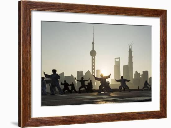 China, Shanghai, Martial Arts Group Practicing Tai Chi at Dawn-Paul Souders-Framed Photographic Print