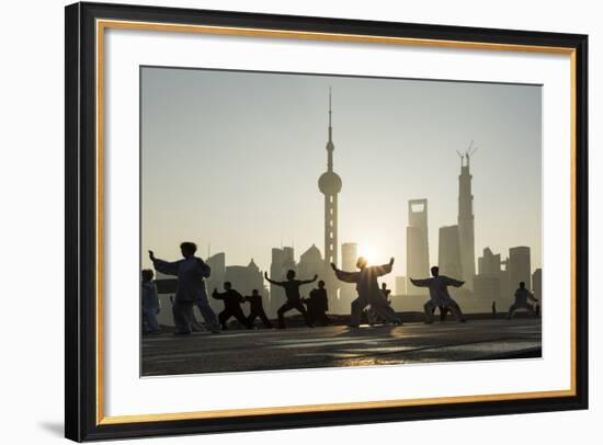 China, Shanghai, Martial Arts Group Practicing Tai Chi at Dawn-Paul Souders-Framed Photographic Print