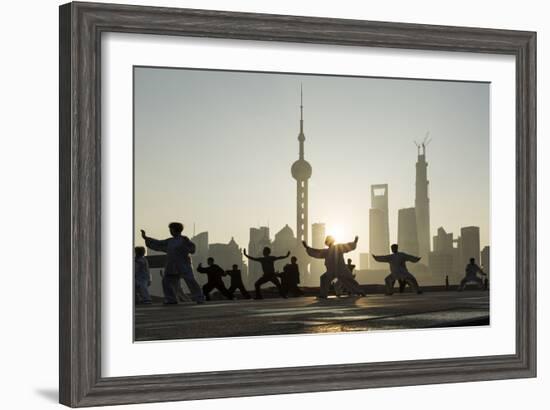 China, Shanghai, Martial Arts Group Practicing Tai Chi at Dawn-Paul Souders-Framed Photographic Print