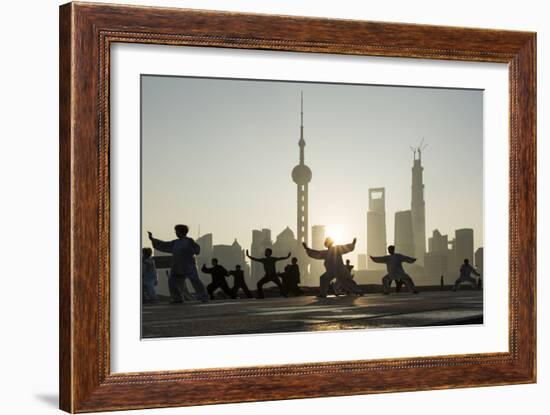 China, Shanghai, Martial Arts Group Practicing Tai Chi at Dawn-Paul Souders-Framed Photographic Print