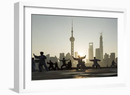 China, Shanghai, Martial Arts Group Practicing Tai Chi at Dawn-Paul Souders-Framed Photographic Print