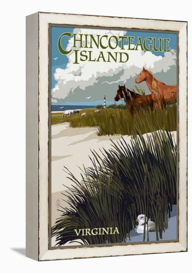 Chincoteague Island, Virginia - Horses and Dunes-Lantern Press-Framed Stretched Canvas