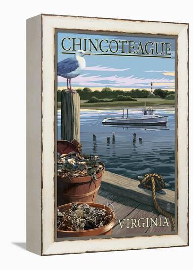 Chincoteague, Virginia - Blue Crab and Oysters on Dock-Lantern Press-Framed Stretched Canvas