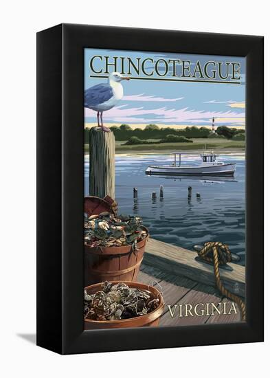 Chincoteague, Virginia - Blue Crab and Oysters on Dock-Lantern Press-Framed Stretched Canvas