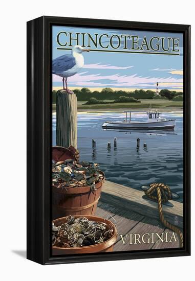 Chincoteague, Virginia - Blue Crab and Oysters on Dock-Lantern Press-Framed Stretched Canvas