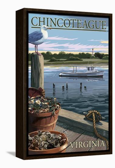 Chincoteague, Virginia - Blue Crab and Oysters on Dock-Lantern Press-Framed Stretched Canvas
