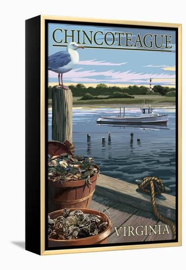 Chincoteague, Virginia - Blue Crab and Oysters on Dock-Lantern Press-Framed Stretched Canvas