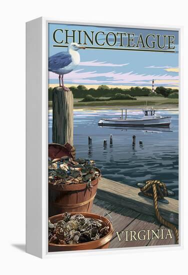 Chincoteague, Virginia - Blue Crab and Oysters on Dock-Lantern Press-Framed Stretched Canvas