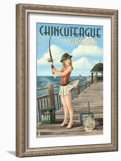 Chincoteague, Virginia - Pinup Girl Fishing-Lantern Press-Framed Art Print