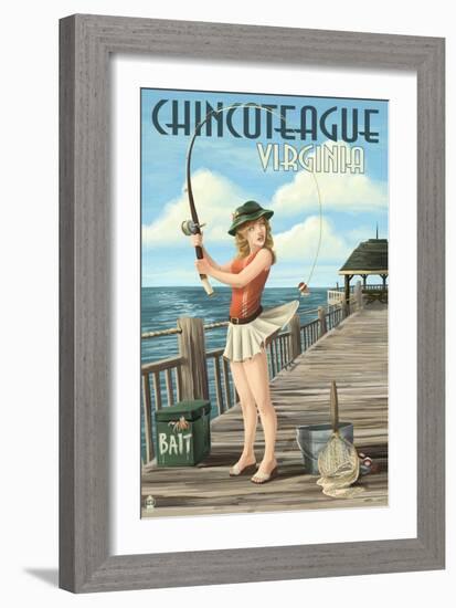 Chincoteague, Virginia - Pinup Girl Fishing-Lantern Press-Framed Art Print