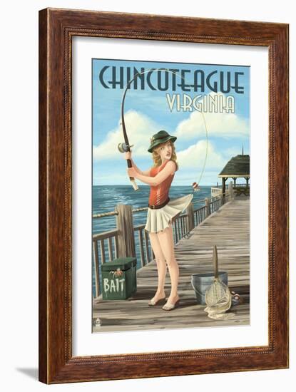 Chincoteague, Virginia - Pinup Girl Fishing-Lantern Press-Framed Art Print