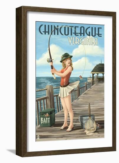 Chincoteague, Virginia - Pinup Girl Fishing-Lantern Press-Framed Premium Giclee Print