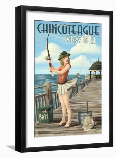 Chincoteague, Virginia - Pinup Girl Fishing-Lantern Press-Framed Premium Giclee Print