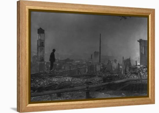 Chinese-American Man Against the Ruins of San Francisco's Chinatown. April 1906-null-Framed Stretched Canvas