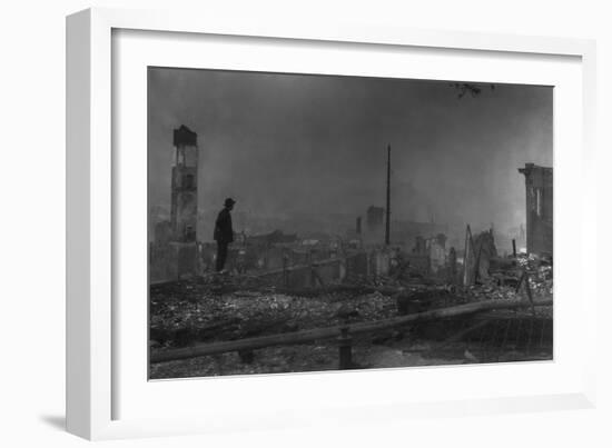 Chinese-American Man Against the Ruins of San Francisco's Chinatown. April 1906-null-Framed Photo