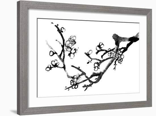 Chinese Black And White Traditional Ink Painting, Plum Blossom On White Background-elwynn-Framed Art Print