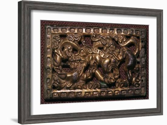 Chinese bronze belt-buckle with animals in combat, 5th century BC. Artist: Unknown-Unknown-Framed Giclee Print