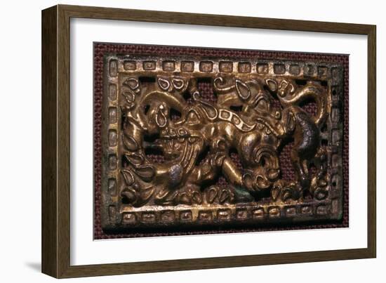 Chinese bronze belt-buckle with animals in combat, 5th century BC. Artist: Unknown-Unknown-Framed Giclee Print