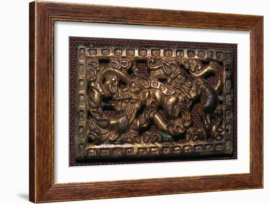 Chinese bronze belt-buckle with animals in combat, 5th century BC. Artist: Unknown-Unknown-Framed Giclee Print