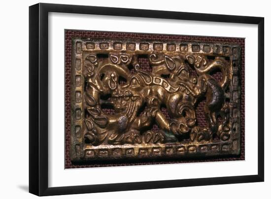 Chinese bronze belt-buckle with animals in combat, 5th century BC. Artist: Unknown-Unknown-Framed Giclee Print