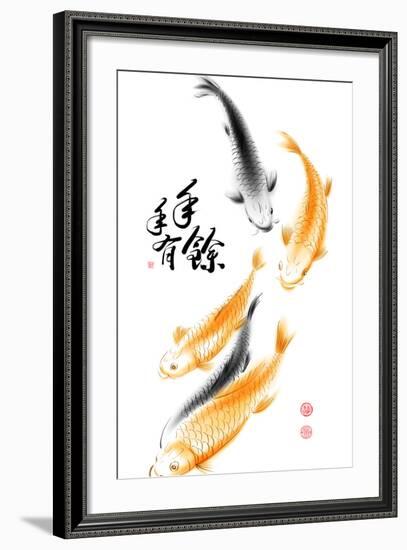 Chinese Carp Ink Painting. Translation: Abundant Harvest Year After Year-yienkeat-Framed Art Print