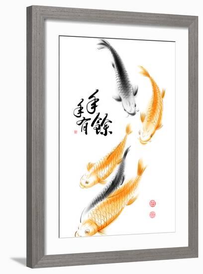 Chinese Carp Ink Painting. Translation: Abundant Harvest Year After Year-yienkeat-Framed Art Print