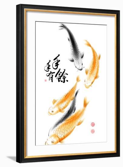 Chinese Carp Ink Painting. Translation: Abundant Harvest Year After Year-yienkeat-Framed Art Print