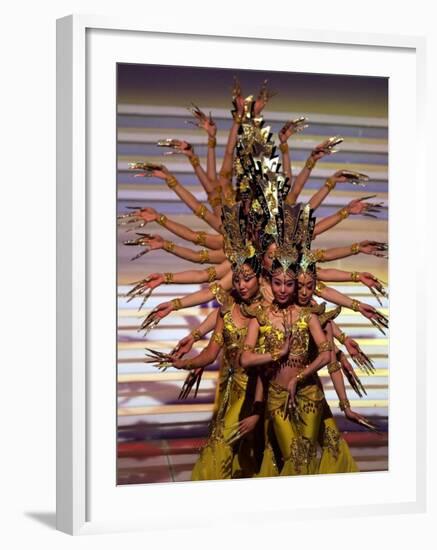 Chinese Dancers Perform During a Dress Rehearsal for the 54th Miss World Contest in Sanya-null-Framed Photographic Print