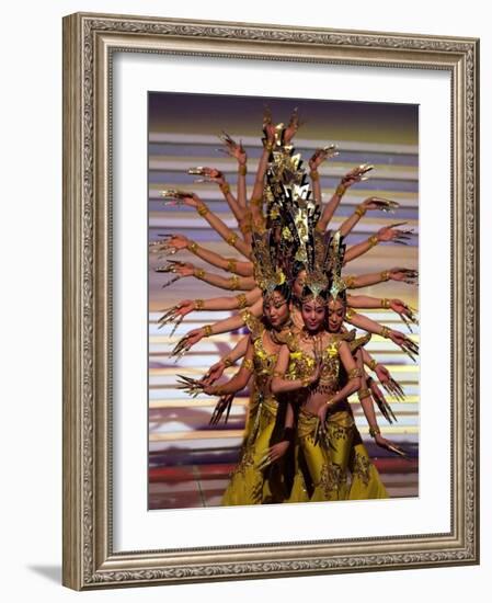 Chinese Dancers Perform During a Dress Rehearsal for the 54th Miss World Contest in Sanya-null-Framed Photographic Print