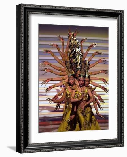 Chinese Dancers Perform During a Dress Rehearsal for the 54th Miss World Contest in Sanya-null-Framed Photographic Print