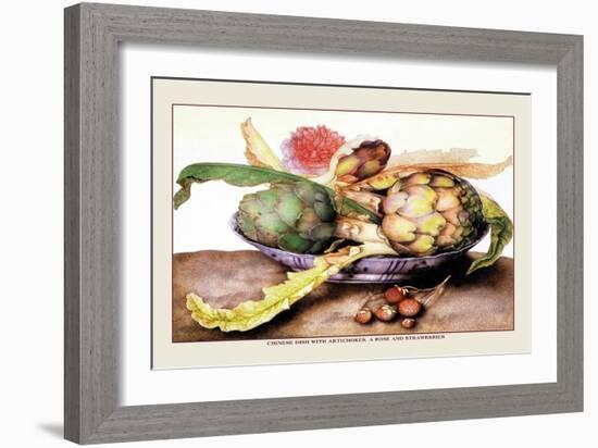 Chinese Dish with Artichokes, A Rose and Strawberries-Giovanna Garzoni-Framed Premium Giclee Print