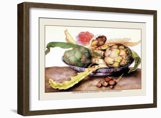 Chinese Dish with Artichokes, A Rose and Strawberries-Giovanna Garzoni-Framed Premium Giclee Print