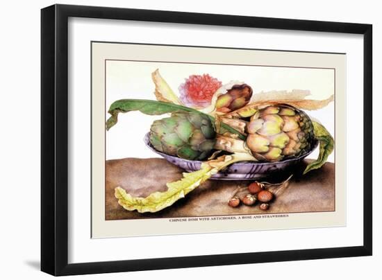 Chinese Dish with Artichokes, A Rose and Strawberries-Giovanna Garzoni-Framed Art Print