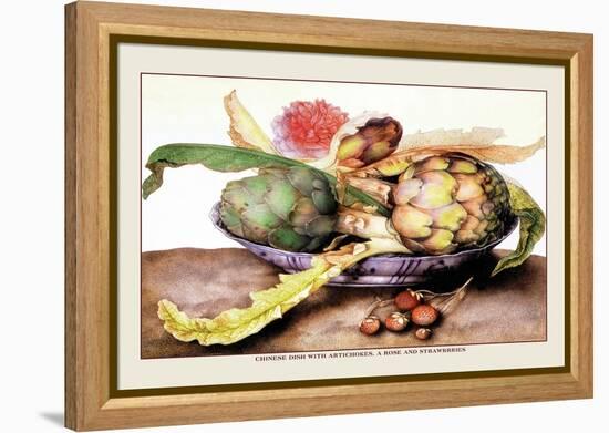 Chinese Dish with Artichokes, A Rose and Strawberries-Giovanna Garzoni-Framed Stretched Canvas