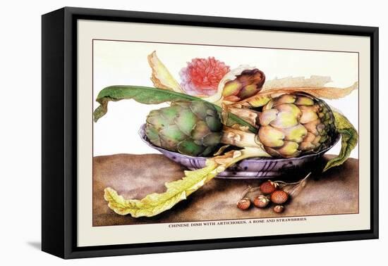 Chinese Dish with Artichokes, A Rose and Strawberries-Giovanna Garzoni-Framed Stretched Canvas