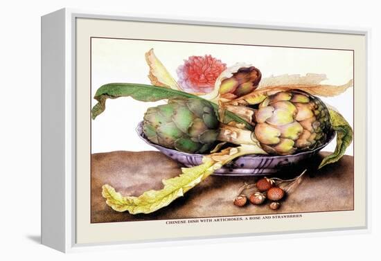 Chinese Dish with Artichokes, A Rose and Strawberries-Giovanna Garzoni-Framed Stretched Canvas