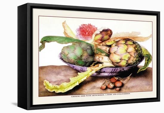 Chinese Dish with Artichokes, A Rose and Strawberries-Giovanna Garzoni-Framed Stretched Canvas