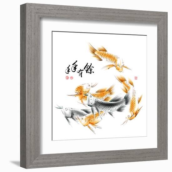 Chinese Dragon Fish Ink Painting. Translation: Abundant Harvest Year After Year-yienkeat-Framed Art Print