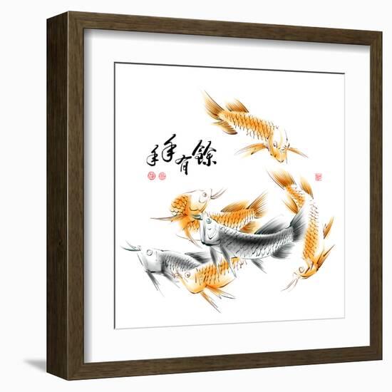 Chinese Dragon Fish Ink Painting. Translation: Abundant Harvest Year After Year-yienkeat-Framed Art Print